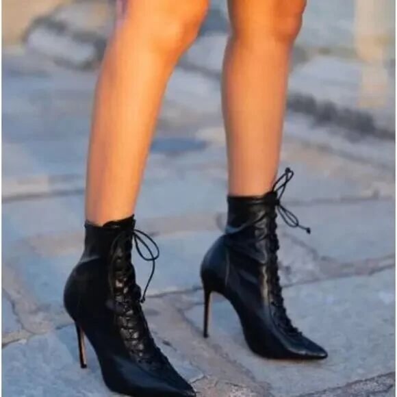 SCHUTZ Tennie Lace Up High Heel Pointed Toe Boots Bootie Size 5.5 Black NEW $188 - Picture 2 of 16